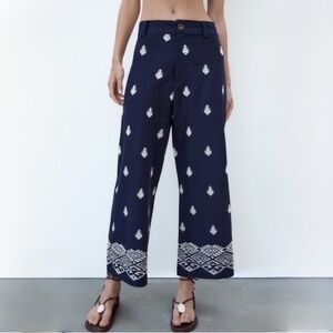Zara Dark Blue Wide Leg Pants with White Embroidery